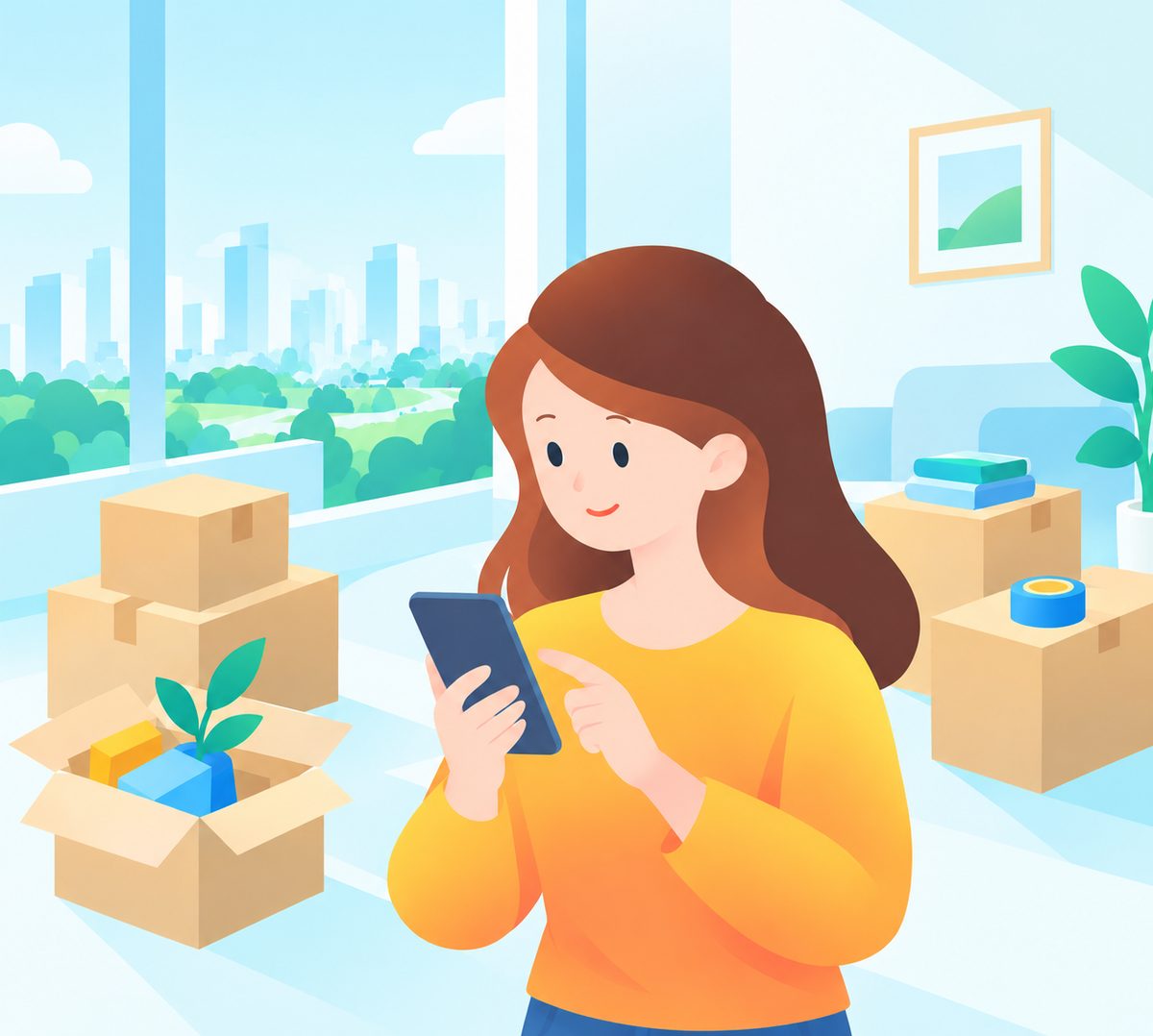 スマートフォンで手続きをする女性と引越しの段ボール